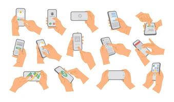 menselijk handen Holding smartphone. tekenfilm mensen gebruik makend van telefoon, ontvangen tekst, buying door kaart, Klik knop, scrollen mobiel telefoon, luisteren muziek, aan het kijken video, vector reeks