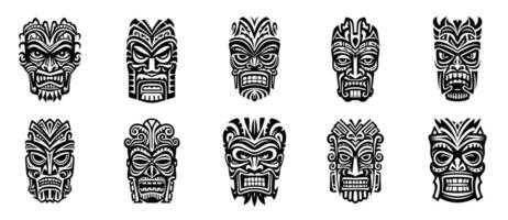 etnisch maskers. tiki totem, voodoo Afrikaanse tribal hoofd. zulu traditioneel god, hawaiiaans inheems wijnoogst tatoeëren ritueel polynesisch gezicht zwart vector reeks