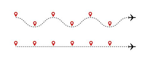 tijdlijn. vlak route stippel lijn met rood kaart pinnen, vliegtuig reis pad tabel met zes stappen. succes bedrijf werkwijze diagram vector tijdlijnen infographics