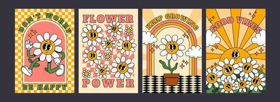 groovy jaren 70 poster. retro hippie psychedelisch karakter met groovy landschap. schattig gek bloemen, regenbogen, madeliefje elementen. ontwerp sjabloon concept vector reeks