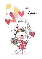 happy teddy bear holding balloon heart and gift boxes vector