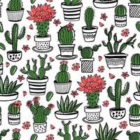 cactus en succulent hand getrokken naadloos patroon in schetsstijl. doodle kleuren bloemen in potten. vector kleurrijke schattig kamer interieur planten.