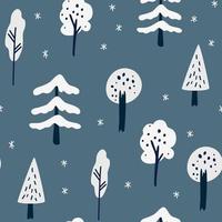 winter bos naadloze patroon. kerstbomen, sneeuwvlokken en bomen. winterlandschap in scandinavische stijl. vakantie decoratie achtergrond voor behang, kleding, verpakking uitnodigingen, posters. vector