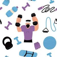 naadloos patroon met sportuitrusting en coach. trainingsconcept. dumbbell, kettlebell, springtouw, borstvergroter, mat, fitnessbal, enkelgewichten. illustratie op witte achtergrond. vector