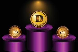 dogecoin cryptovaluta op het podium met paarse kleur vector