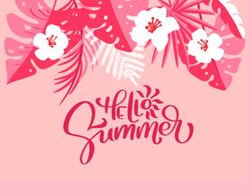 Tekst Hallo zomer in bloemen palm laat achtergrond vector