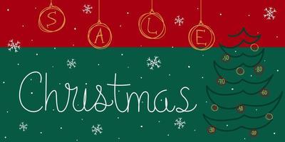 kerst verkoop banner. handgeschreven letters, kerstboom, ballen en sneeuwvlokken in doodle-stijl vector