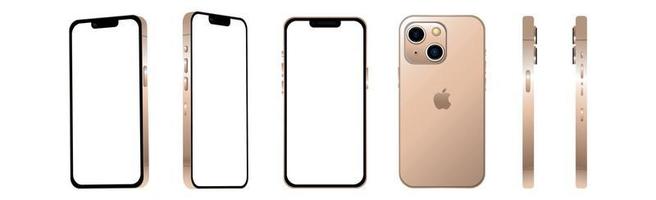 gouden moderne smartphone mobiele iphone 13 mini in 6 verschillende hoeken op een witte achtergrond - vector