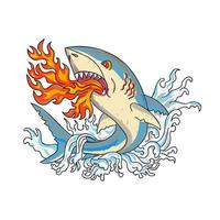 grote witte haai die vuur ademt en opspringt met golven vintage tattoo-stijl vector