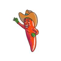 jalapenopeper draagt een cowboyhoed en zwaait hallo vintage tattoo-tekening vector