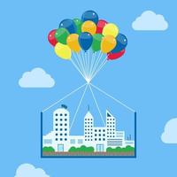 scène van een stad die bestaat uit gebouwen die door heliumballonnen naar de lucht worden gebracht. conceptuele vectorillustratie. droom- en fantasiecontext. vector