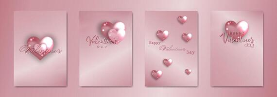 gelukkig valentijnsdag dag reeks kaart. gloeiend roze glas harten Aan goud roos papier achtergrond. vakantie poster met tekst, juwelen. concept voor valentijnsdag banier, folder, partij uitnodiging, sieraden geschenk winkel vector