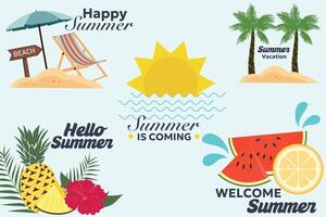 kleurrijk zomer stickers verzameling. zomer vakantie ontwerp elementen accessoires, tropisch planten, strand artikelen, reizen en sport- voorwerpen, enz. vector illustratie