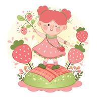 vector illustratie van mooi schattig meisje in een jurk met aardbeien