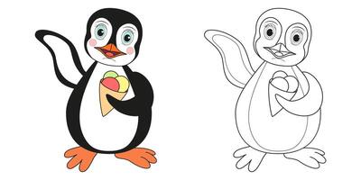 schattig pinguïn met ijs room. lijn en kleur illustratie. tekenfilm vector illustratie voor kleur boek.