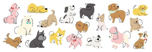 reeks van schattig honden clip art vector. lief hond en vriendelijk puppy tekening patroon in verschillend poses en rassen met vlak kleur. aanbiddelijk grappig huisdier en veel tekens hand- getrokken verzameling. vector