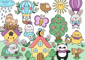 vector kawaii Pasen tafereel met konijn, gekleurde eieren, schattig huisje huis, bloeiend boom, grappig dieren. voorjaar illustratie. schattig vakantie ei jacht landschap voor kinderen met heet lucht ballon, panda beer