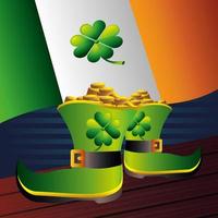 happy patricks day kabouterlaarzen met munten klaverblaadjes en Ierse vlag gedetailleerd vector