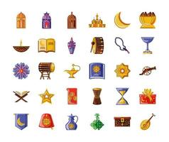 set van ramadan kareem iconen koran boek, traditionele lantaarns moskee rozenkrans en meer vector