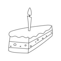 plak van verjaardag taart met kaarsen, tekening zwart en wit vector illustratie van een stuk van zoet traktatie.