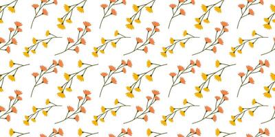 minimalistische bloemen naadloos patroon in gemakkelijk tekenfilm hand- getrokken stijl. gemakkelijk eindeloos illustratie van kleurrijk zomer en voorjaar bloemen en kruiden Aan wit achtergrond. ontwerp voor Dames textiel prints vector