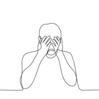 Mens huilen aan het bedekken zijn gezicht met zijn handen - een lijn tekening vector. concept snikken, Mannen tranen, hysterie, wanhoop vector