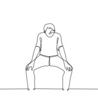 Mens hurken met poten breed deel resting Aan knieën met palmen - een lijn tekening vector. concept hurken naar beneden naar zien, uitrekken of opwarming omhoog voor been spieren vector