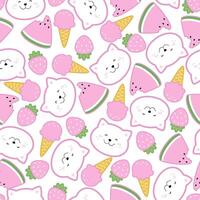 naadloos patroon met schattig kawaii stijl katten, ijs room, watermeloen en aardbei. vector