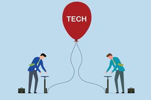 tech voorraad bubbel, handelaren investeerders nemen risico door opblazen klaar ballon met woord tech vector