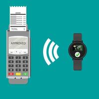 betaal pas met smartwatch. vector transactie contactloos draadloze. modern betaling transactie, zonder contant geld uitchecken, SmartWatch overdracht geld voor aankoop. vector illustratie