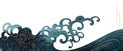 blauw borstel beroerte structuur met Japans oceaan Golf patroon in wijnoogst stijl. abstract kunst landschap banier ontwerp met waterverf structuur vector. hand- getrokken lijn vector