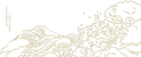 Japans achtergrond met hand- getrokken Golf elementen vector. goud lijn patroon met oceaan zee voorwerp in wijnoogst stijl vector