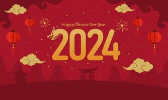 Chinese nieuw jaar 2024 jaar van de draak groet kaart met hangende lantaarns Aan rood achtergrond. geschikt voor poster, kaart of spandoek. vector
