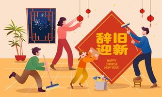 Chinese nieuw jaar 2024 groet kaart. voorjaar schoonmaak illustratie met familie aan het doen huishouden klusjes samen. vertaling uit met de oud in met de nieuw vector