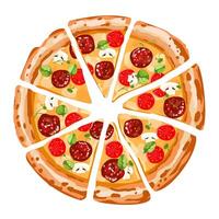 gesneden Italiaans pizza peperoni met tomaten en worst, vector illustratie.