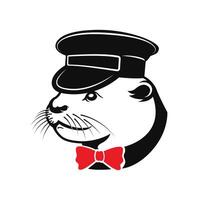 een Otter met een trein geleider hoed vector logo illustratie