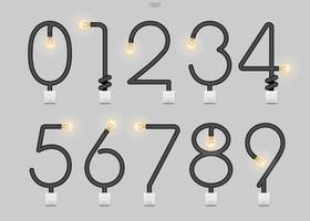 loft alfabet en cijfers. abstracte alfabet teken en symbool van gloeilamp en licht schakelaar op grijze achtergrond. vector. vector