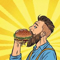 hipster man die hamburger eet vector