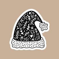 kerst zwarte vector sticker met leuke en grappige kerstmuts. hand getekende scandinavische badge karakter voor notebook, plakboek of planner. platte grafische geïsoleerde illustratie