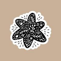 Kerst zwarte vector sticker met leuke en grappige sneeuwvlok. hand getekende scandinavische badge karakter voor notebook, plakboek, smartphone of planner. platte grafische geïsoleerde illustratie