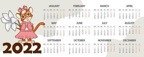 kalenderontwerpsjabloon voor 2022, het jaar van de tijger volgens de chinese of oosterse kalender, met een illustratie van de tijger. horizontale tafel met kalender voor 2022. vector