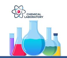 transparant glaswerk met chemisch reagentia. laboratorium test buizen. medisch wetenschappelijk Onderzoek. experiment apparatuur. laboratorium meten beker. fles, fles. vector illustratie.