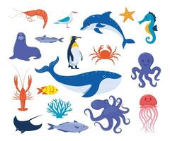 zee dieren groot set. schattig vlak stijl zee schepsel karakters. pinguïn, walvis, zegel, zeepaardje, dolfijn, Octopus, kwallen, zeester, meeuw. vector illustratie.