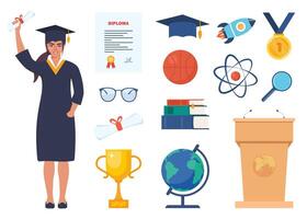 school, wetenschap, opleiding, diploma uitreiking pictogrammen. microscoop, atoom, boeken, diploma uitreiking pet, wereldbol, magneet, bril, gouden beker, dna, medaille, diploma. vector illustratie.