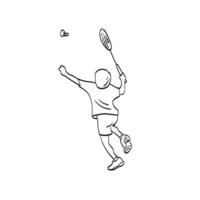 lijn kunst jongen spelen badminton met shuttle illustratie vector geïsoleerd op een witte achtergrond