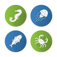 zeedieren plat ontwerp lange schaduw glyph pictogrammen instellen. zwemmende tonijn, krab, zeepaardje, kwallen. menu van visrestaurants. mariene fauna. onderzeese wereldbewoners. vector silhouet illustratie