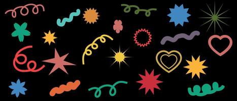 reeks van abstract vector retro vormen. retro vector stickers. een verzameling van modern vormen, pret kleuren, bubbels, sterren, loops met golvend en spiraal elementen in een modieus tekenfilm stijl van de jaren 70, jaren 90.