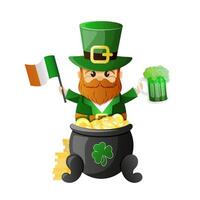 tekenfilm vector illustratie met elf van Ierse folklore in groen hoed zittend Aan goud munten ketel. gnoom Holding groen bier en Iers vlag. Ierland heilige patricks dag traditioneel festival, keltisch partij