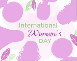 Internationale vrouwen dag vector spandoek. 8 maart, omhelzing eigen vermogen. verschillend Dames silhouetten en bladeren in vierkant.