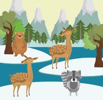 schattige dieren en winterlandschap vector